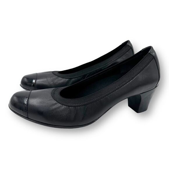 Munro Black Leather and Patent "Odette" Cap Toe Pumps Heels Sz Comfort 7.5M - Picture 2 of 16